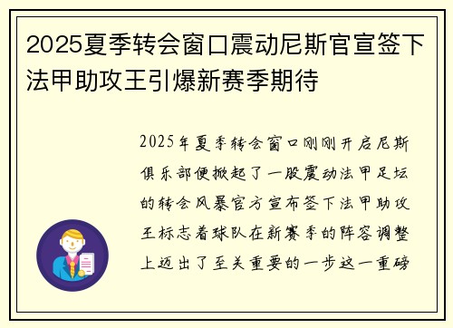 2025夏季转会窗口震动尼斯官宣签下法甲助攻王引爆新赛季期待